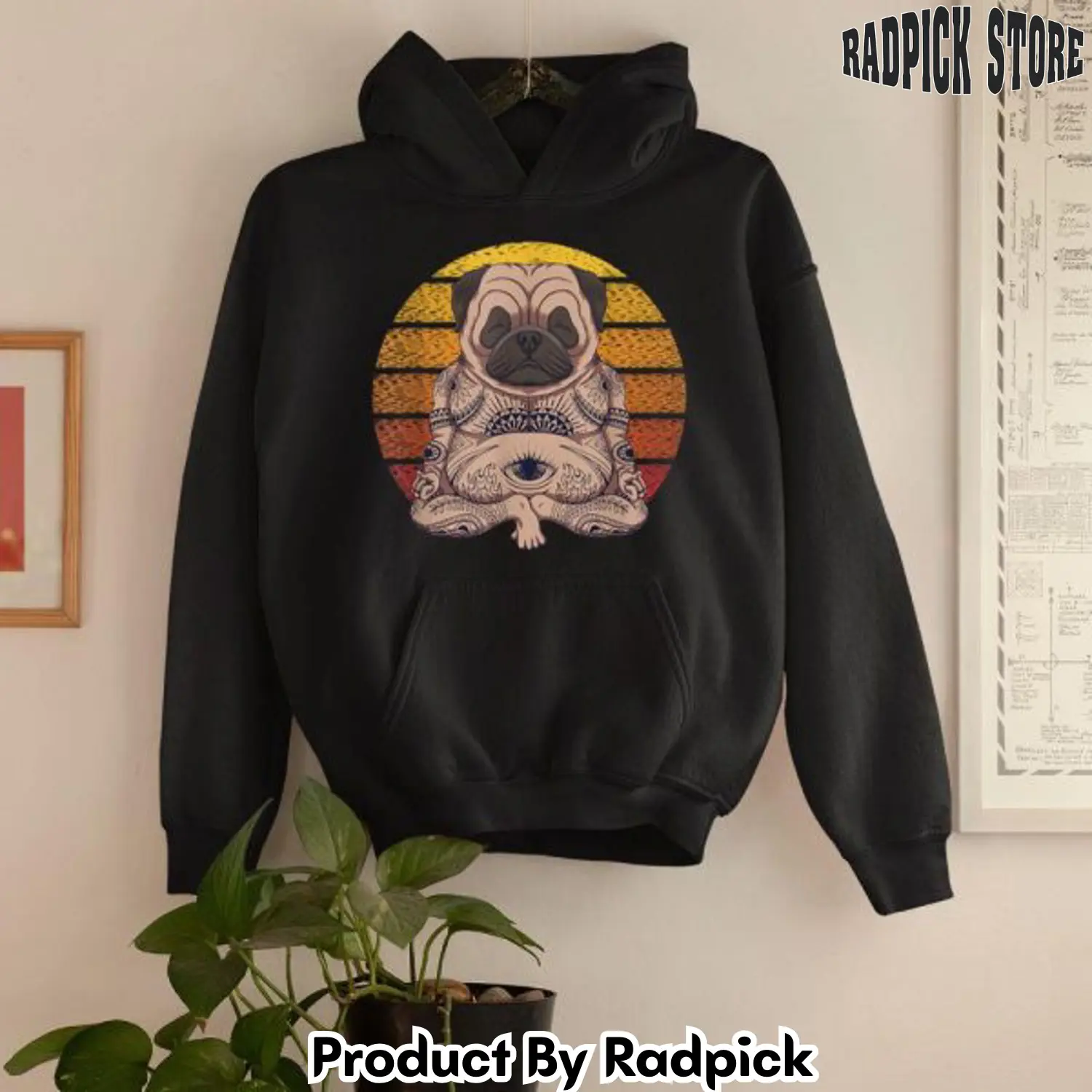 Retro yoga dog pug sunset 2d hoodie rp5542415
